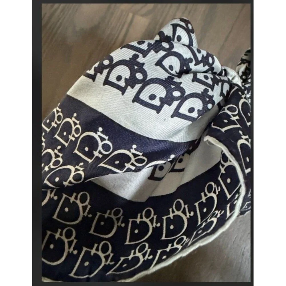 CHRISTIAN DIOR Vintage Silk Oblique Monogram Bow Scarf Hair Tie Navy Blue Cream